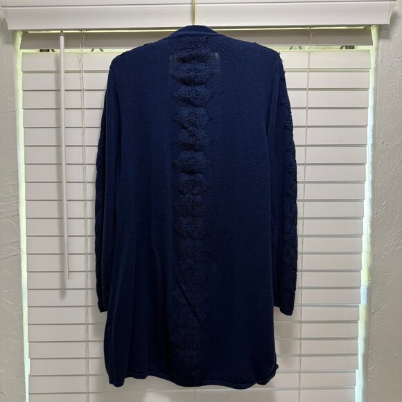 Chico's Women's Navy blue long sleeve open front cardigan with lace trim; size 2 - Picture 2 of 8